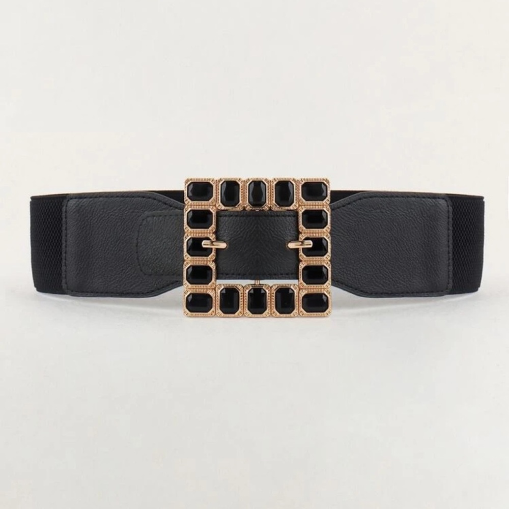 Square Buckle Vegan Leather Statement Belt - Picture 2 of 8